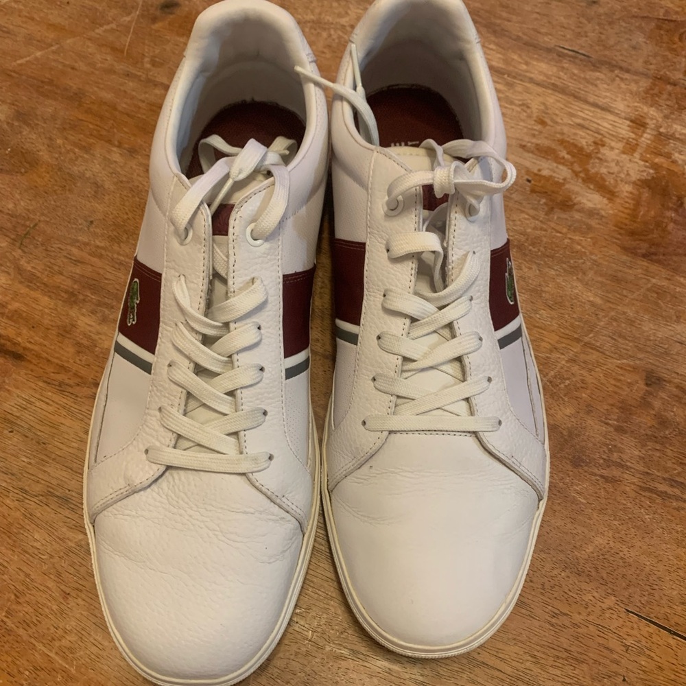 Lacoste Europa MB SPM 
White leather shoe 
Red and grey stripe
Sz 13